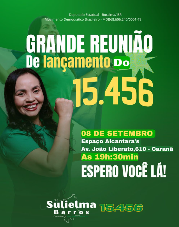 Grande reunião de lançamento de Sulielma Barros, dia 08 de setembro, às 19h30, no Espaço Alcantara's